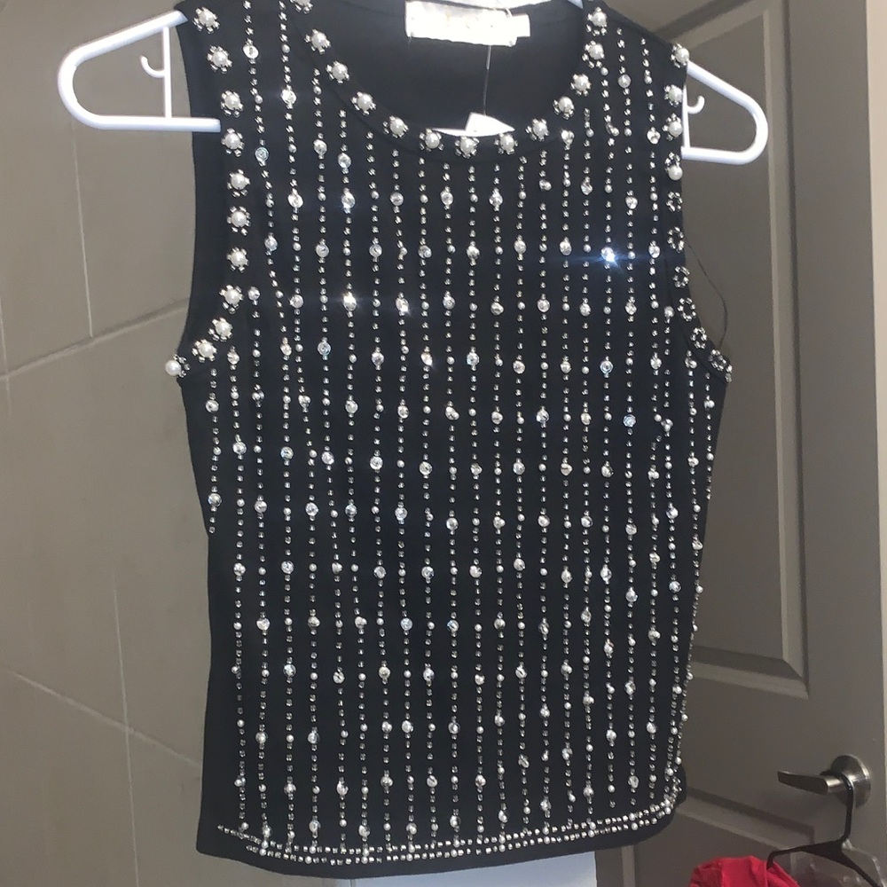 Chic Black Sleeveless Embellished Blouse